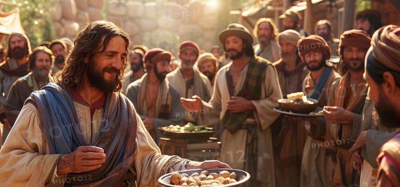 Holy Bible stories and legends, Jesus Christ feed 5000 poor people, AI generated