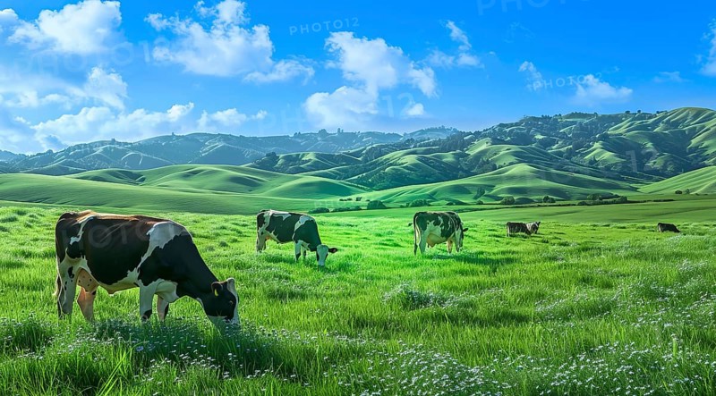 Cows and livestock grazing on a green pasture field. Clean healthy meat and food in agriculture, AI generated