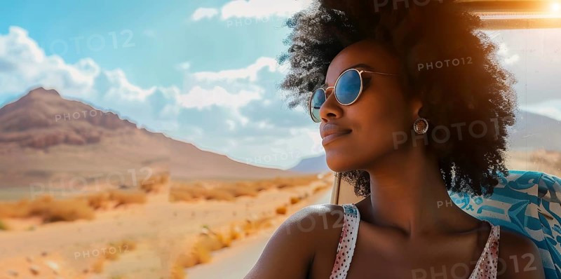 Young black woman travelling in a car on cross American travel trip, AI generated