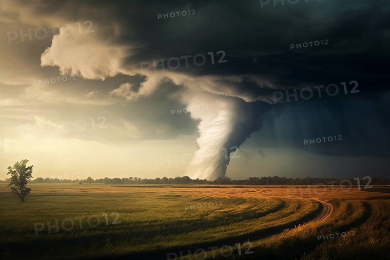 Disaster catastrophe storm concept, tornado in a field in the USA with road in field under stormy dark sky, AI generated