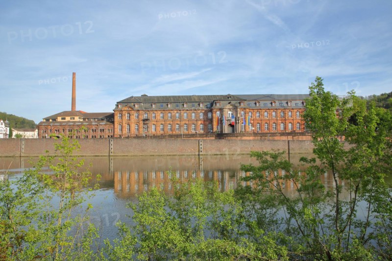Villeroy & Boch ceramics museum on the Saar, Saar bank, chimney, reflection, museum, Mettlach, Saarland, Germany, Europe