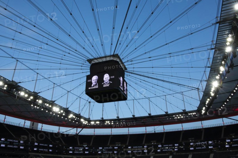 Video cube, steel cable construction, minute of silence, minute of remembrance, commemoration, mourning for the deceased national players Frank Beckenbauer and Andreas Andy Brehme, blue hour, sky, international match Germany GER vs. Netherlands NED, Deutsche Bank Park, stadium, Frankfurt am Main, Hesse, Germany, Europe