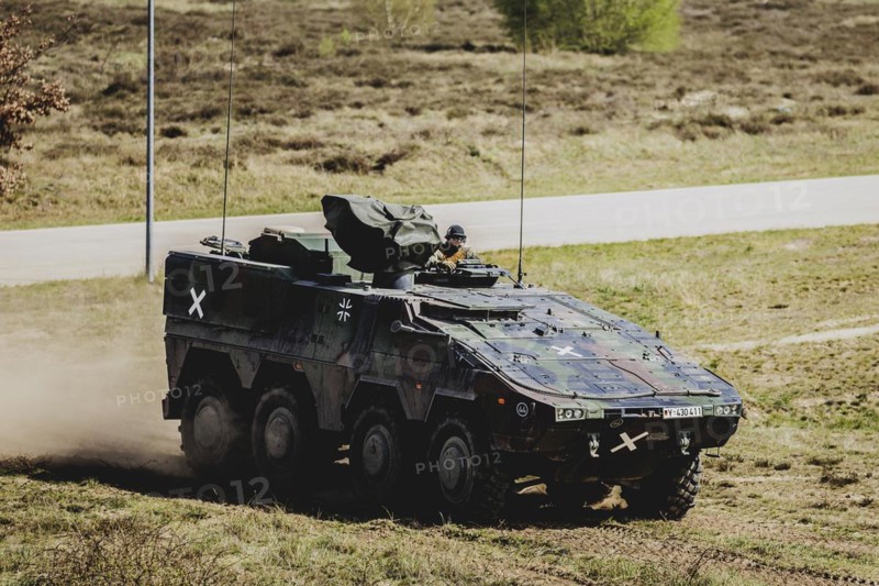 Boxer armoured transport vehicle, photographed as part of a Bundeswehr exercise with armed forces from Norway and the Czech Republic during the 'Wettiner Schwert' exercise as part of Quadriga 2024 in the training town of Schnöggersburg, 8 April 2024