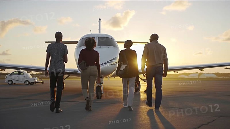 Successful young african american family walking with luggage to their private executive luxury jet, generatvie AI, AI generated
