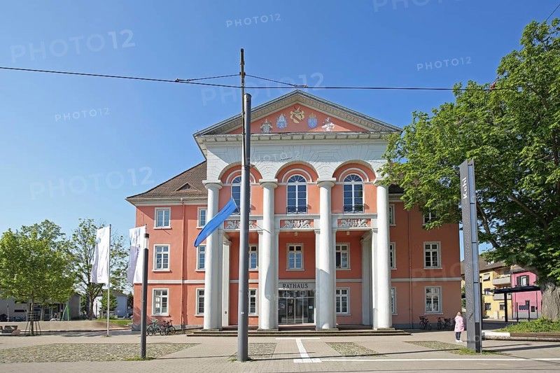 Neoclassical town hall built in 1910 with EU flag, Rathausplatz, Kehl, Ortenau, Baden-Württemberg, Germany, Europe