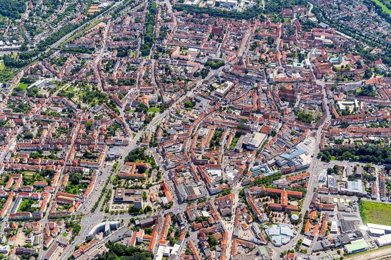 Hildesheim, major city, regional centre, Lower Saxony, seat of the Catholic diocese of Hildesheim, university, University of Hildesheim, University of Applied Sciences and Arts, North German University of Law, St. Mary's Assumption Cathedral, St. Michael's Cathedral, early Romanesque, UNESCO World Heritage Site, aerial view, Lower Saxony Germany