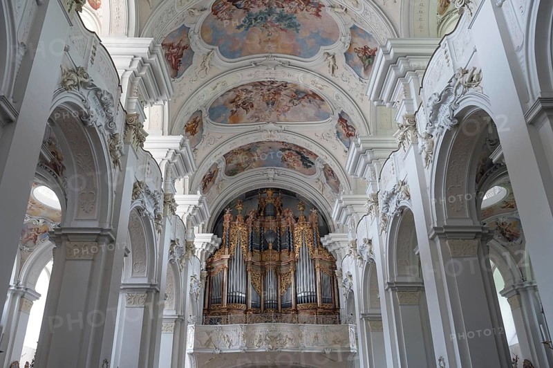 Gallery with baroque organ from 1727, Basilica of St Mauritius, Niederaltaich, Lower Bavaria, Germany, Europe