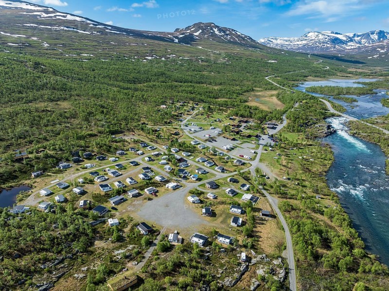 Aerial view of Besseggen Fjellpark Maurvangen Campsite, river Sjoa, Jotunheimen, Norway, Europe