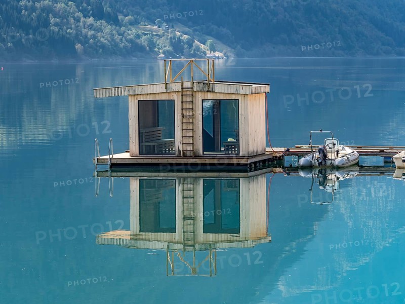 Floating sauna, village Fjaerland at the Sognefjord, Norway, Europe