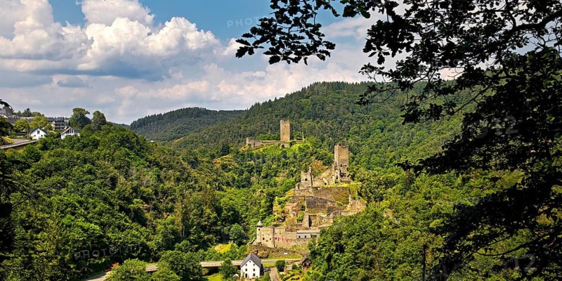 Panoramic view of the two castles, Oberburg and Niederburg of Manderscheid, Southern Eifel, Eifel, Rhineland-Palatinate, Germany, Europe
