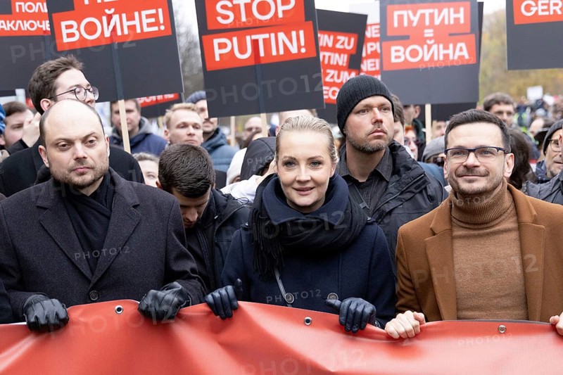 Berlin, Germany, 17 November 2024: Vladimir Kara-Mursa, Yulia Navalnaya and Ilya Yashin during an anti-war demonstration in Berlin against the war in Ukraine and political repression within Russia, Europe