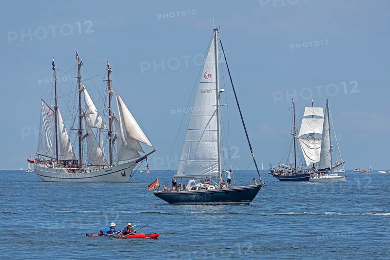 Sailing ships, sailing boats, kayak, Kiel Week, Kiel Fjord, Kiel, Schleswig-Holstein, Germany, Europe