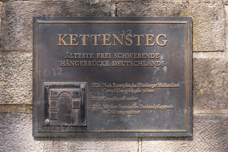 Information board in front of the historic Kettensteg, Nuremberg, Middle Franconia, Bavaria, Germany, Europe