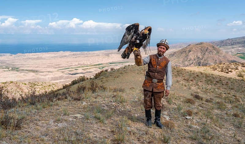 Traditional Kyrgyz eagle hunter hunting in the mountains in a dry landscape, near Kysyl-Suu, Issyk Kul, Kyrgyzstan, Asia