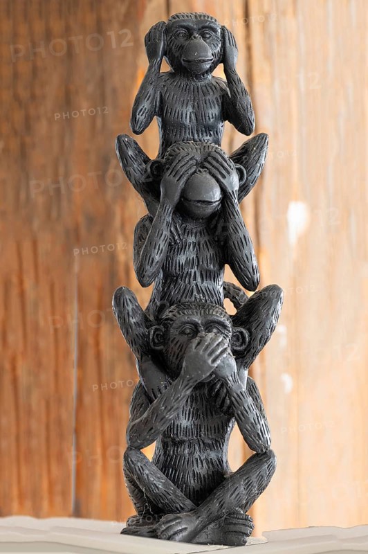The three monkeys, say nothing, see nothing, hear nothing, symbolising not wanting to admit everything bad, wooden sculpture, Baden-Württemberg, Germany, Europe