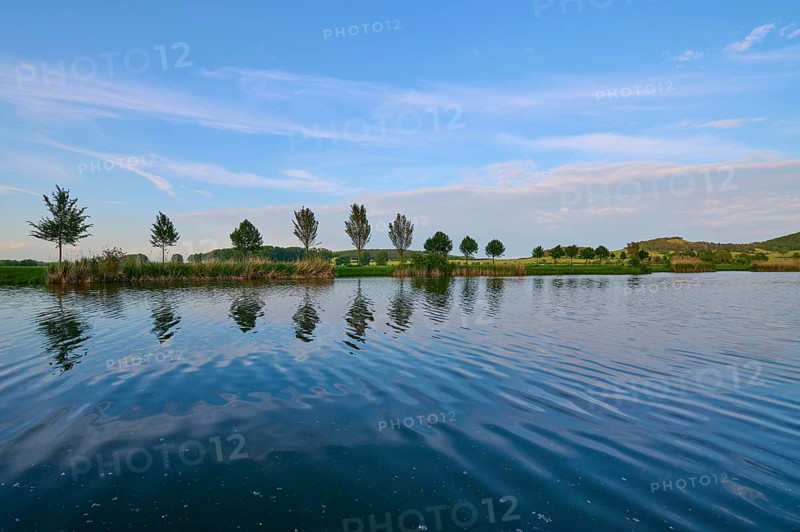 Lake in spring with row of trees and reflection, Drei Gleichen, Ilm-Kreis, Thuringia, Germany, Europe