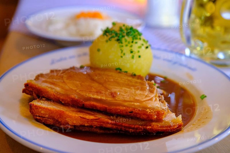 Roast pork, with potato dumplings, food, Reutberg, Upper Bavaria. Bavaria, Germany, Europe