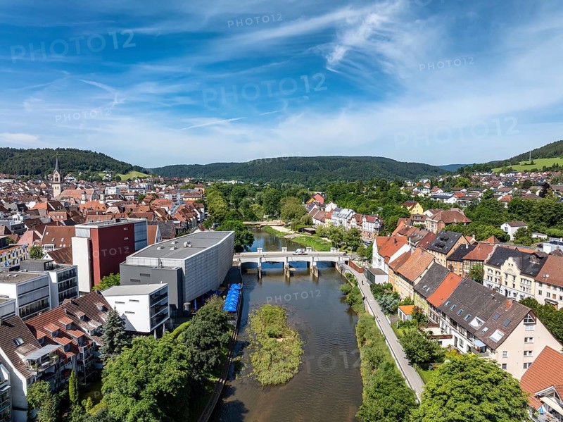 Aerial view from the town of Tuttlingen across the Danube to the Danube bridge Gross Bruck, built in 1914, on the horizon the Mühlberg, district of Tuttlingen, Black Forest, Baar, Heuberg, Baden-Württemberg, Germany, Europe