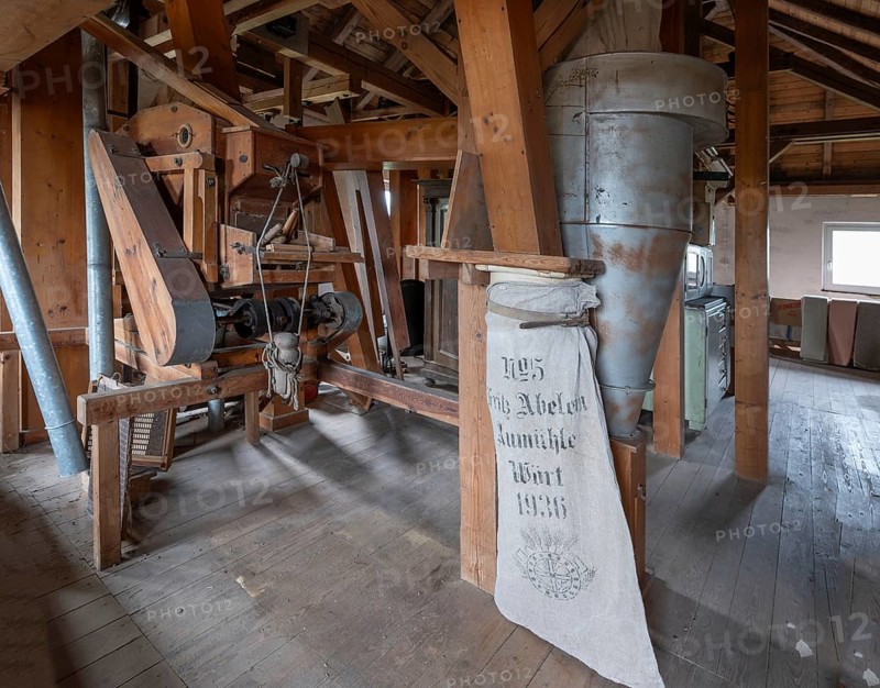 Historic plansifter in a former corn mill, old flour sack from 1936 on the right, Bavaria, Germany, Europe