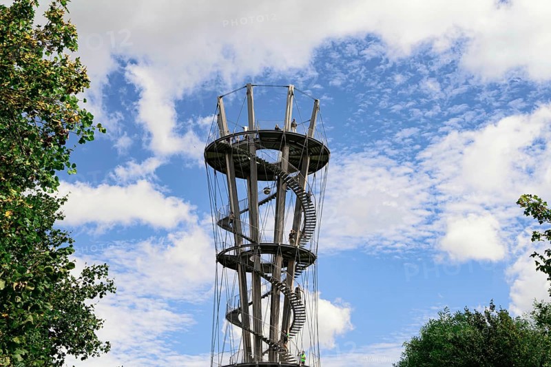 Architectural steel observation tower rises majestically under a blue sky, Schönbuchturm Herrenberg, Germany, Europe