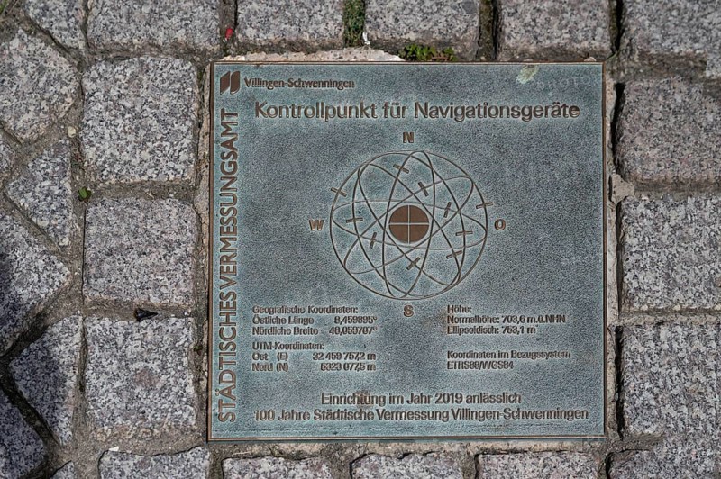 Checkpoint for navigation devices, metal plate lasered into the road, Villingen-Schwenningen, Baden-Württemberg, Germany, Europe