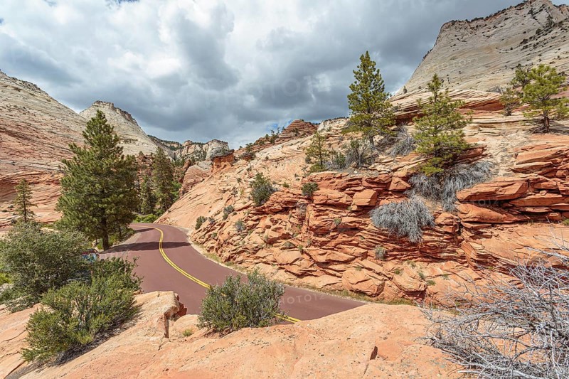 Patterns of erosion on the rocky mountainside along the Zion Park Boulevard in Zion National Park, Utah