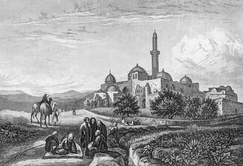 Zion, Tower Castle and later Temple in Jerusalem, Old Testament, camels, group of people, minaret, domed building, Bible, historical illustration 1854
