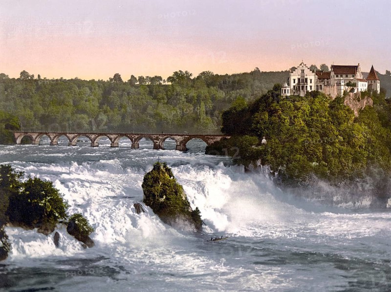 Rhine Falls with Laufen Castle, near Schaffhausen in Switzerland, Historical, digitally restored reproduction from a 19th century original, Record date not stated