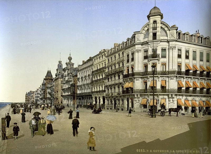 The dyke, beach promenade and Kursaal in Ostend, Belgium, ca 1895, Historical, digitally restored reproduction from a 19th century original, Record date not stated, Europe