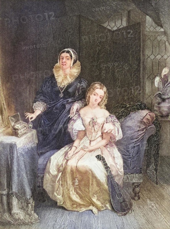 Juliet and her nurse. Illustration for the play Romeo and Juliet by William Shakespeare, Historical, digitally restored reproduction from a 19th century original, Record date not stated