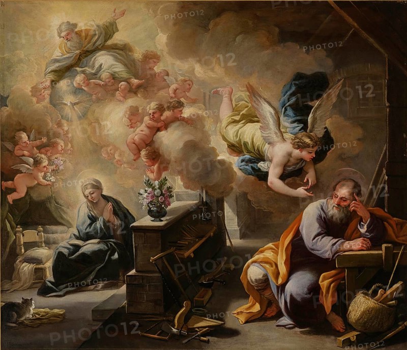 The Dream of St. Joseph (1700), painting by Luca Giordano (Italian, 1634-1705), historically, digitally restored reproduction of a 17th-century original, exact date unknown, The Dream of St. Joseph (1700), painting made by Luca Giordano (Italian, Historically, digitally restored reproduction of a 17th-century original, exact date unknown