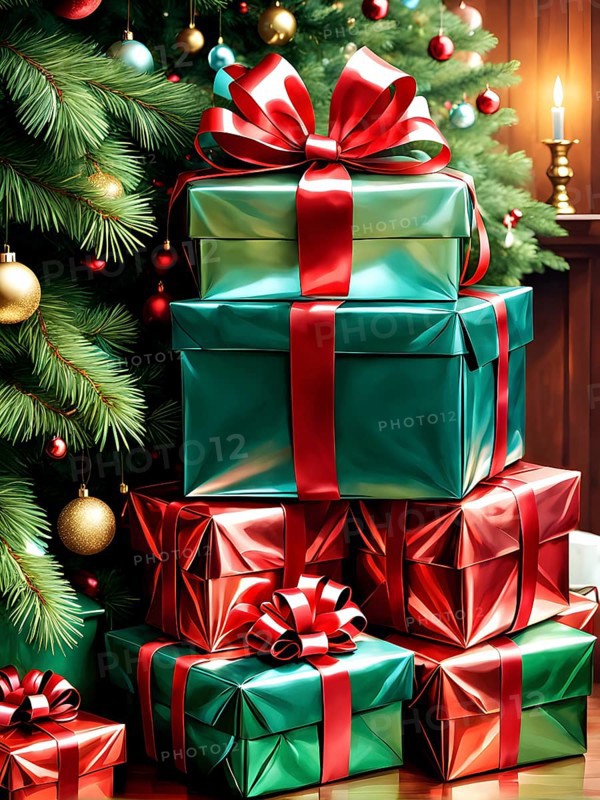 Abstract illustration of wrapped Christmas gifts, shiny ribbons and bows, stacked under a evergreen tree in a cozy living room, AI generated