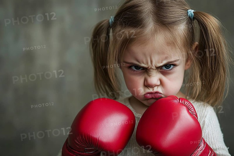 Angry young girl child with large red boxing gloves. Generative Ai, AI generated