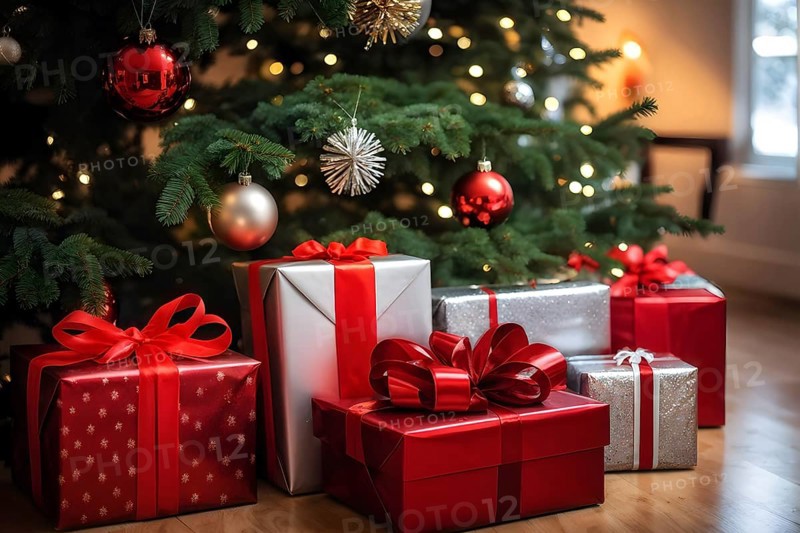 Beautiful wrapped Christmas gifts with shiny ribbons and bows stacked under a evergreen tree in a cozy living room, AI generated