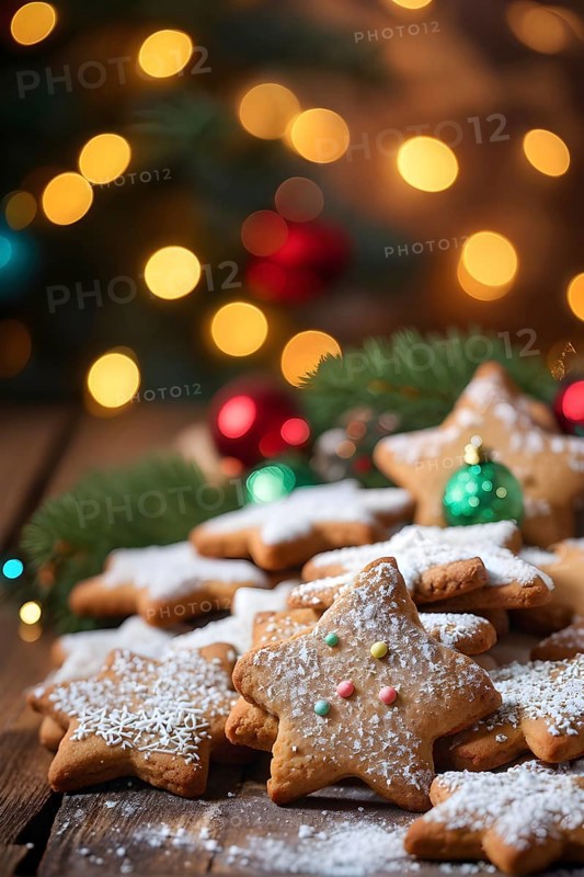A detailed shot of Christmas cookies on a wooden table, featuring star-shaped cookies with colorful icing, sprinkles, and powdered sugar, AI generated