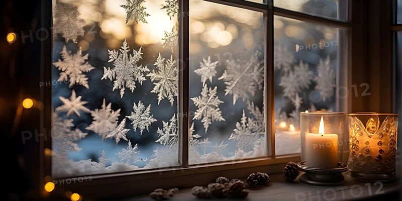 Snow-covered window with frost patterns, candlelight softly glowing through the glass, and warm, blurry Christmas lights in the background, AI generated