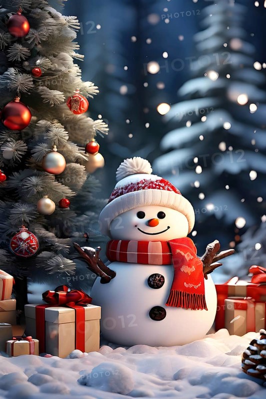 Peaceful and serene Christmas scene with a decorated Christmas tree with gifts presents and a cute snowman in a snowy forest, AI generated
