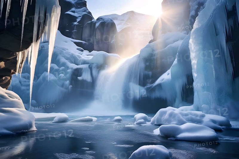 Winter landscape of a frozen waterfall, surrounded by icicles and snow-covered rocks, with the sunlight reflecting off the ice to create a sparkling effect, AI generated