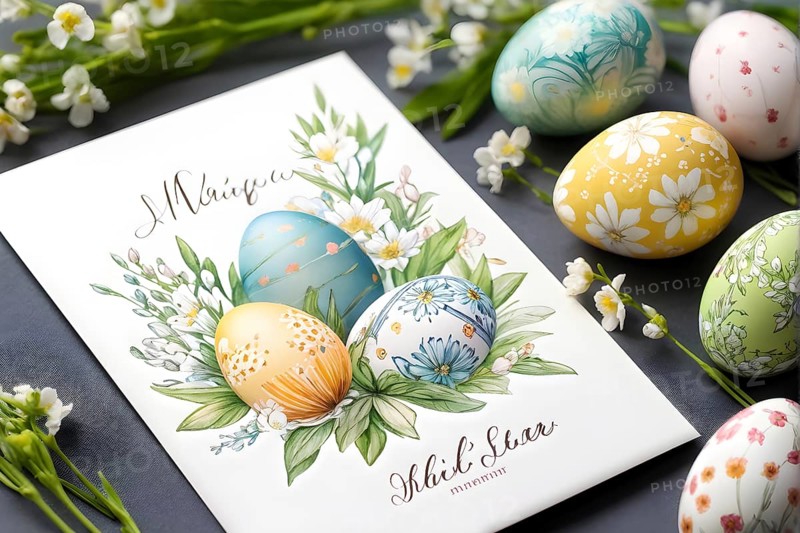 Easter card with delicate hand-drawn illustrations, placed among fresh flowers and decorated eggs, empty space for text, AI generated