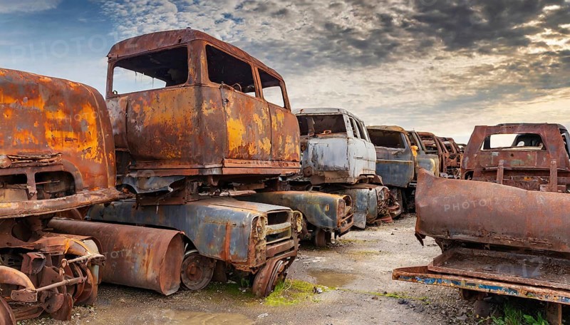 Rusty, abandoned lorries in a junkyard under a cloudy sky, symbol photo, AI generated, AI generated
