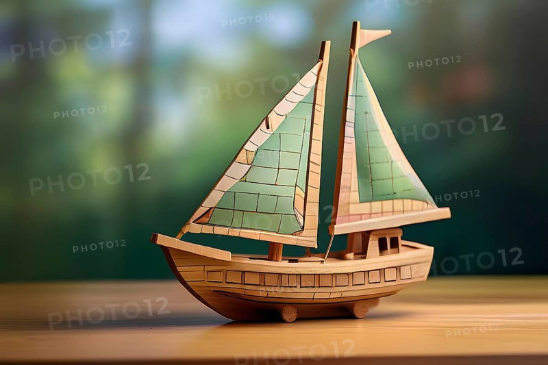 Vintage wooden sailing ship toy with a playful design in front of blurred background, AI generated