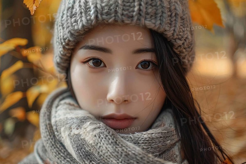 Oung Asian woman with knitted hat and scarf in autumn forest in background. Generative Ai, AI generated