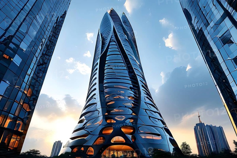 Futuristic skyscraper with termite mounds for natural ventilation and energy efficiency, AI generated