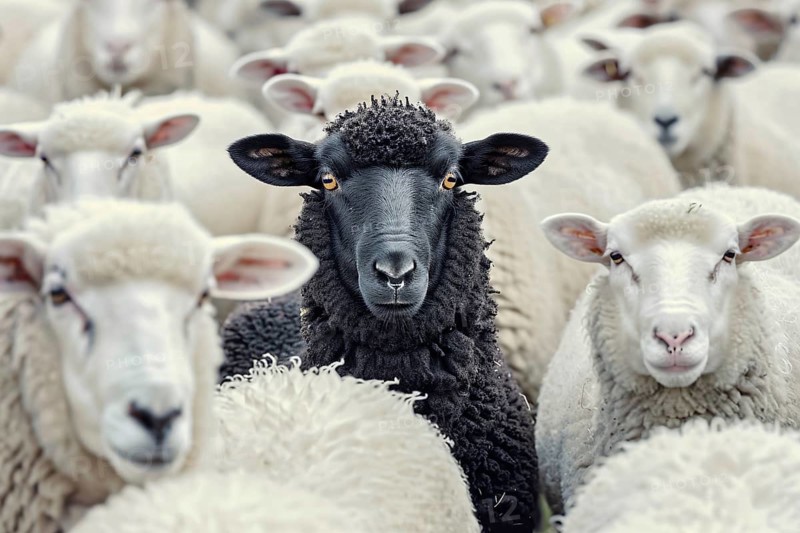 Close up of single black sheep between flock of white sheep. Generative Ai, AI generated