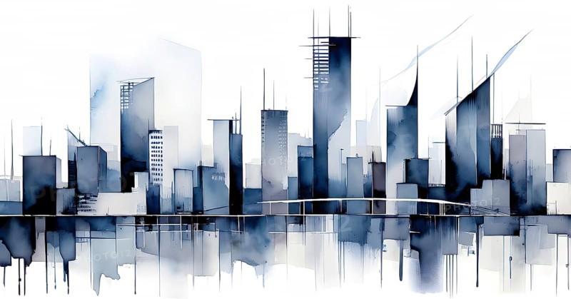 Modern city skyline using clean lines and geometric forms, with rectangular buildings and smooth, curved roads in a monochromatic color palette of grey, black, and white, AI generated