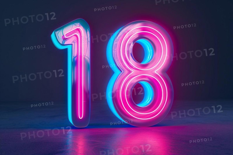 Neon pink and blue glowing number 18. KI generiert, generiert, AI generated