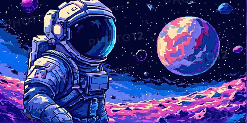 Pixel art illustration of an astronaut outside in the infinite expanse of space, AI generated