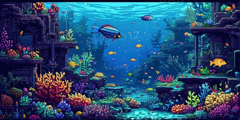 Pixel art illustration of vibrant corals and fish teeming with life around a sunken ship, AI generated