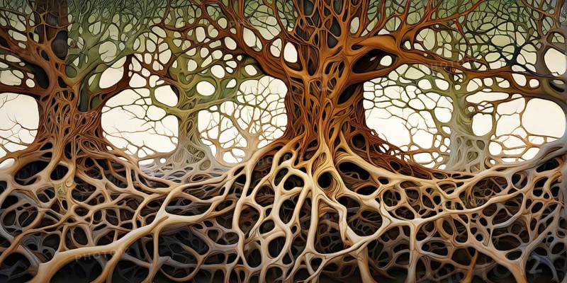 Abstract illustration depicting the branching patterns of tree roots representing natural optimization in structural engineering, AI generated