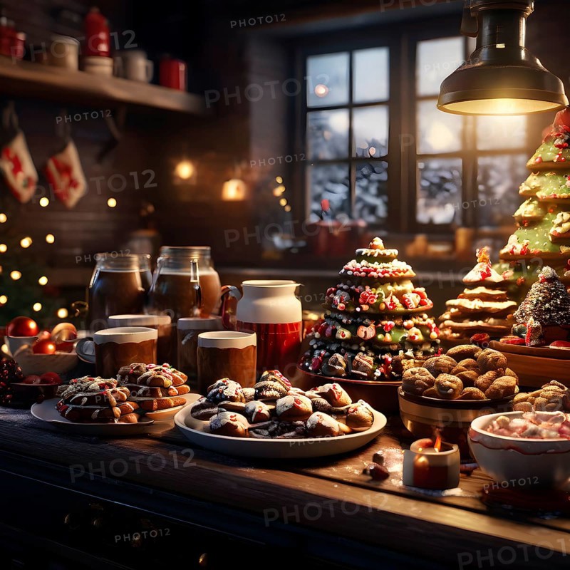 Kitchen counter filled with Christmas cookies, gingerbread houses, and mugs of hot chocolate, with festive decorations, AI generated